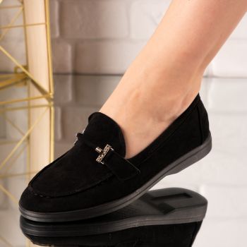 Pantofi dama casual din piele intoarsa cu accesoriu frontal Negri Issa Marimea 37