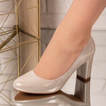 Pantofi dama cu toc gros din piele ecologica Argintii Cailin Marimea 41 ieftini
