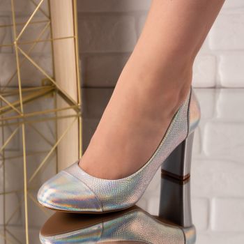Pantofi dama din piele ecologica cu toc patrat si model Argintii Stephani Marimea 37 la reducere