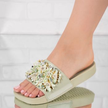 Papuci dama din piele ecologica Verzi Isolda Marimea 40 ieftini