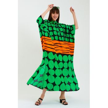 Rochie camasa oversize cu imprimeu verde-orange, din vascoza