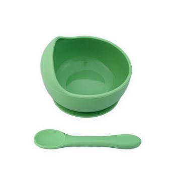 Set castron, farfurie cu ventuza, lingurita si capac verde pal de firma originala