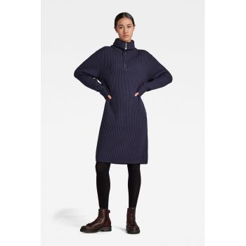 Rochie-pulover din amestec de lana cu guler inalt si striatii
