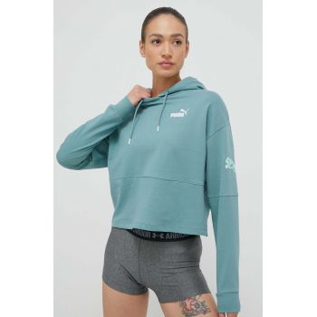 Puma hanorac de bumbac femei, culoarea verde, cu glugă, cu imprimeu