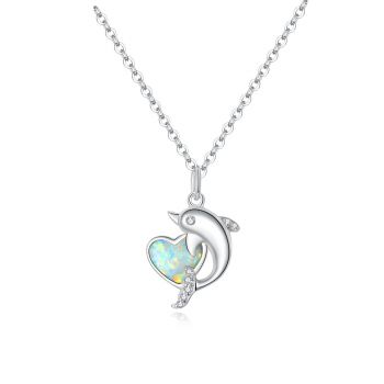 Colier din argint Dolphin Opal Heart