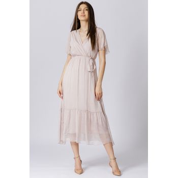 Rochie lunga din matase naturala cu bust petrecut, roz prafuit