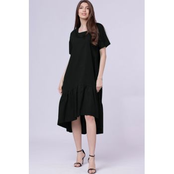 Rochie neagra A-line, cu volan, cu nasturi pe spate, din poplin de bumbac