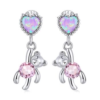 Cercei din argint Love Heart Pink Bear