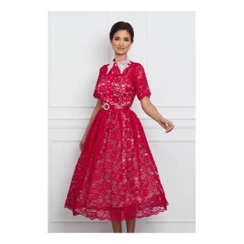 Rochie Betty rosie din dantela cu guler alb si curea in talie