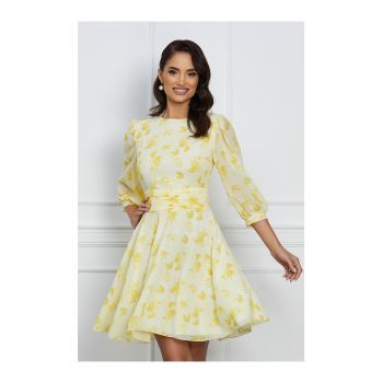 Rochie Dy Fashion din voal galbena cu imprimeu