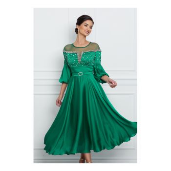 Rochie Iarina verde cu strasuri la bust si curea in talie