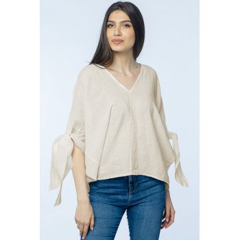 Bluza de vara cu funde, din in, oversize, bej