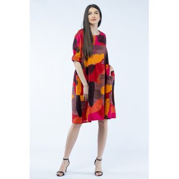 Rochie de vara midi din in, cu imprimeu pictural pe fond rosu