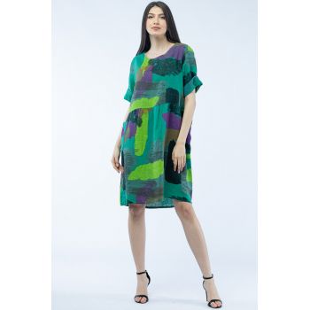 Rochie de vara midi din in, cu imprimeu pictural pe fond verde