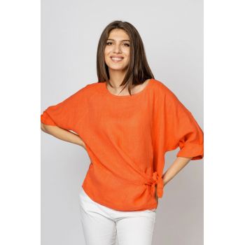 Bluza din in portocalie, masura mare cu nod pe talie