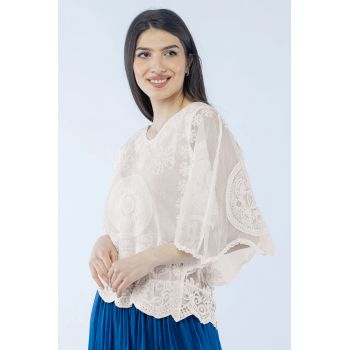 Bluza din tulle de bumbac cu broderie mandala, bej deschis