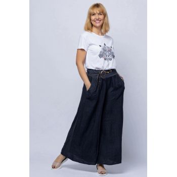 Fusta pantalon bleumarin inchis, casual, din in, cu o curea fancy