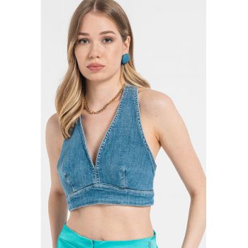 Top crop din denim cu decupaj pe partea din spate de firma originala