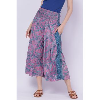 Fusta pantalon 3 4 ampla din matase indiana cu imprimeu pe fond fucsia
