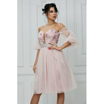 Rochie Eleganta 3/4 de Dama, Maneci Bufante si Brau Accesorizat cu Flori 3D si Centura din Pietre Detasabila, Love Story, Roz