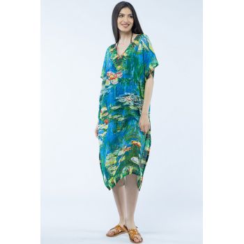 Rochie lunga de plaja tip poncho cu imprimeu dupa   Nuferii   de Claude Monet