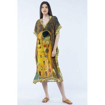 Rochie lunga de plaja tip poncho cu imprimeu dupa   Sarutul    de Gustav Klimt