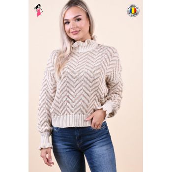 Pulover bej cu unt din bumbac cu model la guler si maneci
