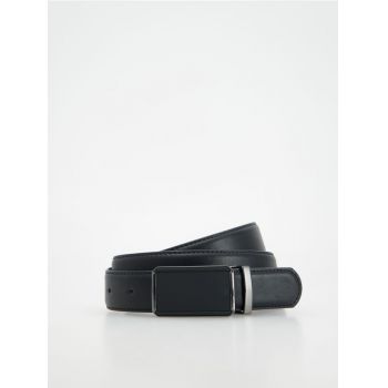 Reserved - Curea simplă, cu cataramă decorativă - Negru