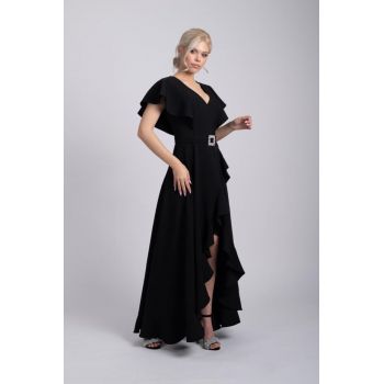 Rochie de ocazie asimetrica lunga cu volane