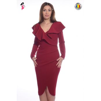 Rochie de ocazie bordo conica cu volane in zona bustului