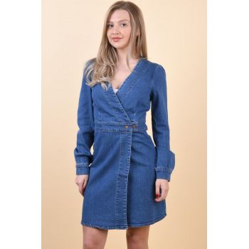 Rochie de zi din blugi cucroiala petrecuta si maneca usor bufanta