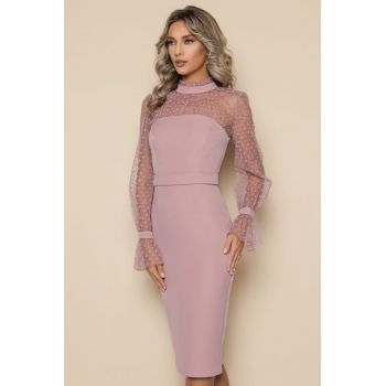 Rochie eleganta conica cu maneci din tull cu buline