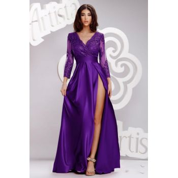 Rochie eleganta din tafta mov cu partea superioara din broderie