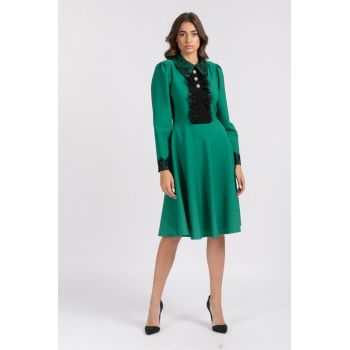 Rochie LaDonna verde cu dantela neagra si nasturi MAXI