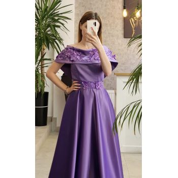 Rochie lunga din tafta accesorizata cu flori 3d