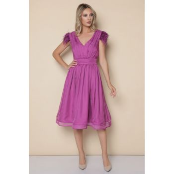 Rochie MBG fucsia din voal cu pene