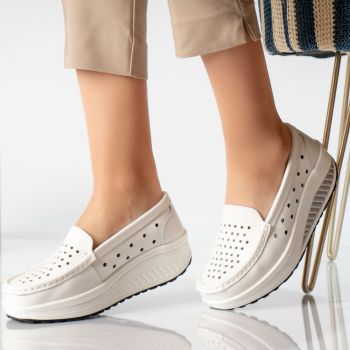 Pantofi dama casual albi piele naturala perla