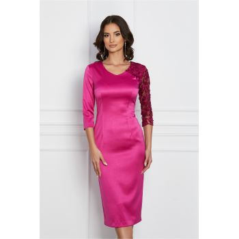 Rochie Dy Fashion magenta din tafta cu o maneca din dantela