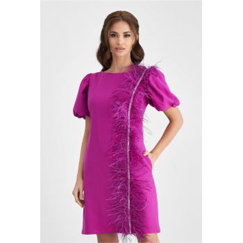Rochie MBG fucsia cu pene si strasuri