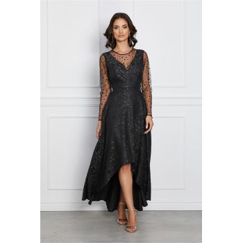 Rochie Mihaela neagra cu model in relief si buline pe maneci