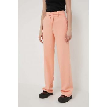 HUGO pantaloni femei, culoarea alb, lat, high waist