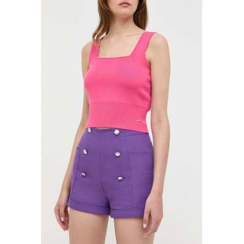Morgan pantaloni scurti femei, culoarea violet, neted, high waist de firma originali