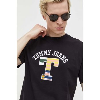 Tommy Jeans tricou din bumbac culoarea negru, cu imprimeu