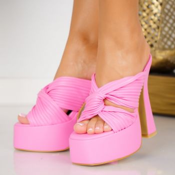 Papuci dama cu toc roz din piele ecologica Candi ieftini