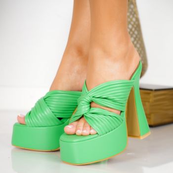 Papuci dama cu toc verzi din piele ecologica Candi ieftini