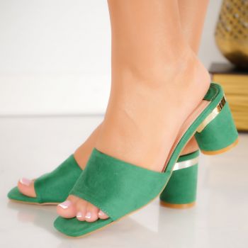 Papuci dama cu toc verzi din piele ecologica intoarsa Gres ieftini