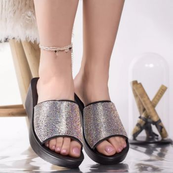 Papuci eleganti pemota argintiu glitter de firma originali