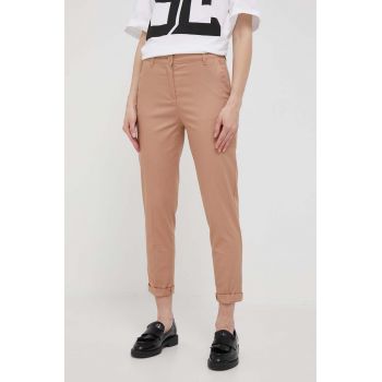 Sisley pantaloni femei, culoarea maro, fason tigareta, high waist