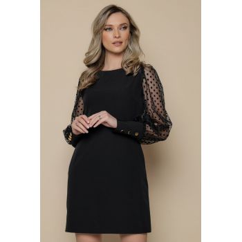 Rochie neagra Mbg cu croi cambrat si maneci cu tull si buline