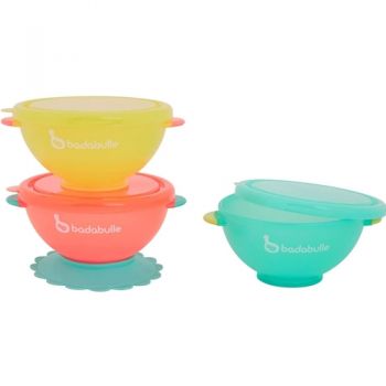 Set 3 Boluri Colorate Badabulle pentru Mancare cu Suport Inclus